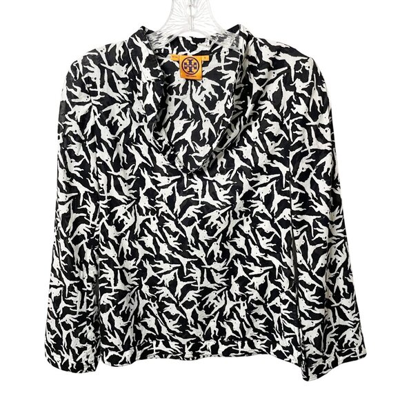 TORY BURCH Women's Black & White Monkey Print Sequins V-Neck Cotton Blouse Sz 0 - Picture 1 of 8